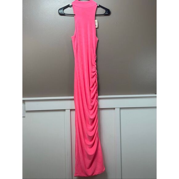 NWT SER.O.YA Delta Neon Pink High Neck Bodycon Ruched Dress Women's Small - Picture 2 of 12